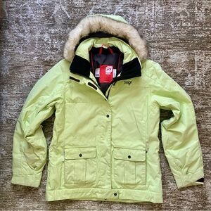 Orage Lime Green Hooded Ski/Snowboard Jacket with Faux Fur Trim